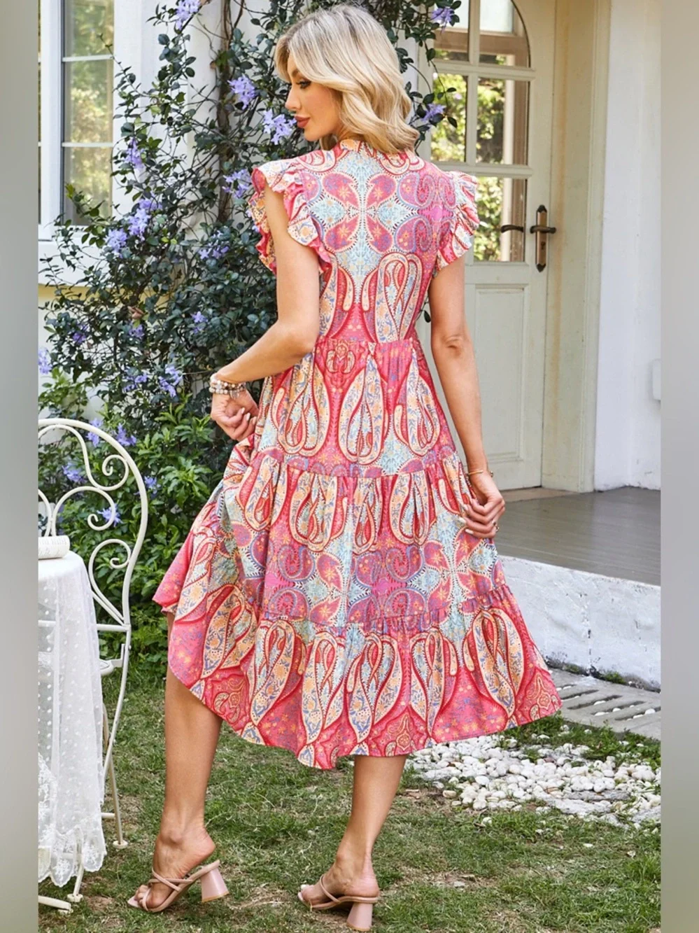 Tribal Paisley Print Ruffled Sleeve Notch Neck Midi Dress- Charming Charlie Med - Picture 3 of 8